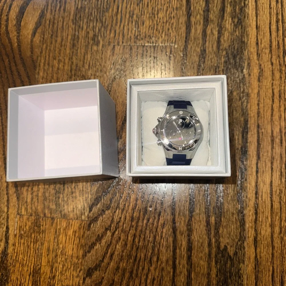 Michele Silver-Tone Case Watch with Black Strap